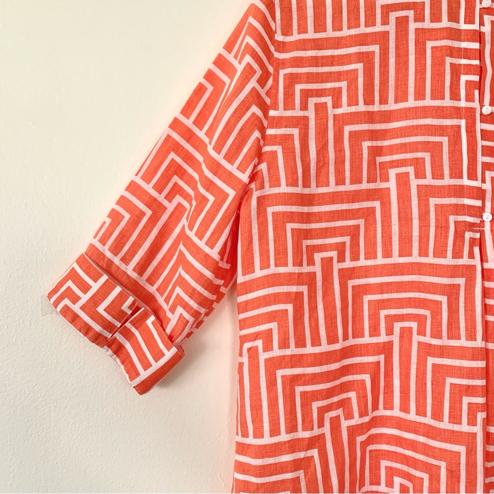 Chicos linen coral orange and white geometric design 3/4 sleeve tunic - Picture 9 of 16